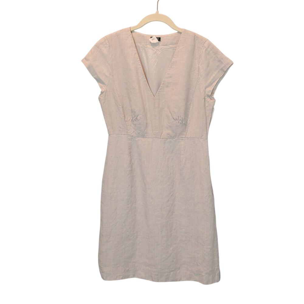 J Crew Women's Sz 8 Cream Tan 100% Linen Career Dress Sheath V Neck Professional